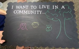 Chalkboard with "I want to live in a community..." written at the top and a chalk drawing of a tree and smiling faces