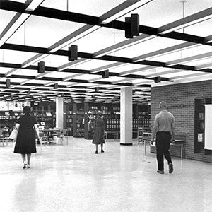 Patrons move through the Main Library Lobby