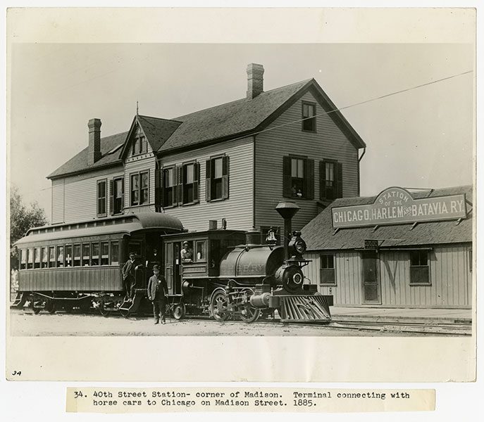 Train with passengers at the 40th Street Station (corner of Madison); terminal connecting with horse cars to Chicago on Madison St., 1885