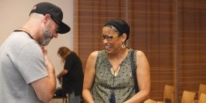 Kevin Coval and Jackie Moore talk after Coval's One Book, One Oak Park appearance