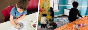 Children coloring and making crafts at a Holi celebration