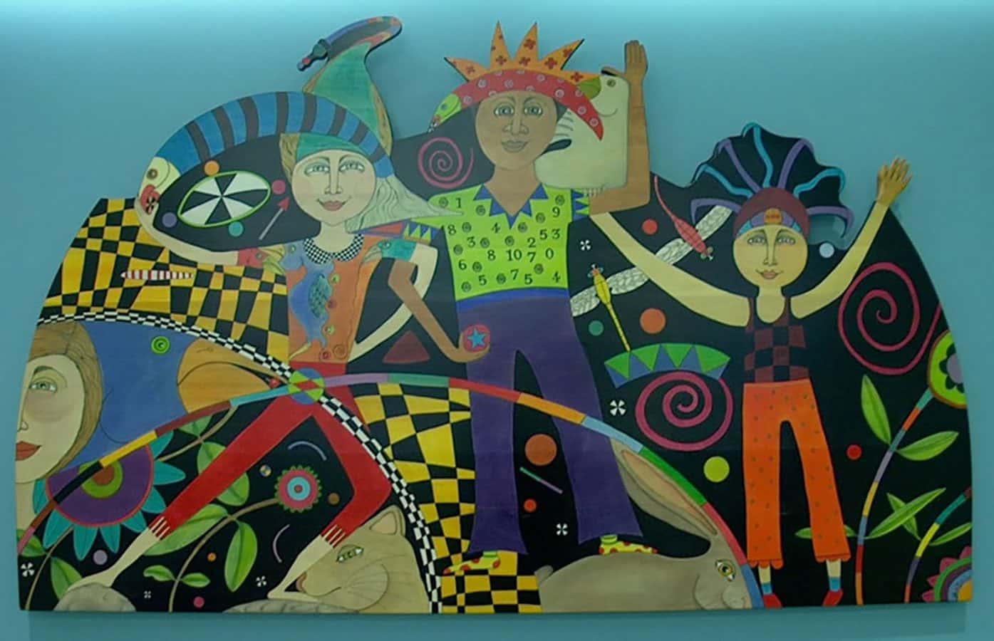 A Party of 3, fabric dyes on wood by Jeanine Guncheon