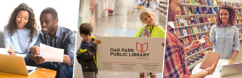Couple searching on a computer, two kids holding a library card, one person handing a library card to another