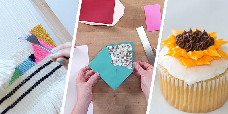 Collage of weaving, envelope making, and a cupcake