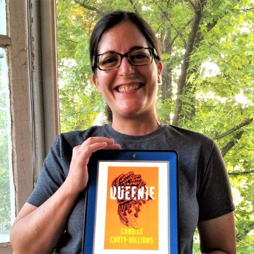 Kathy with Queenie on tablet