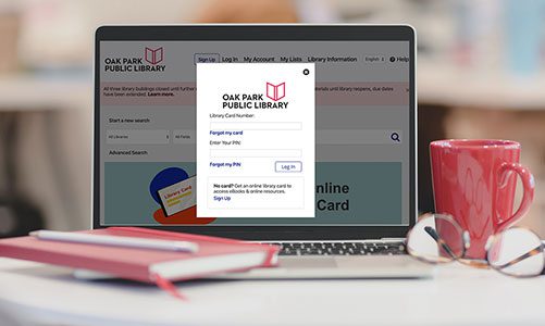 Laptop with Oak Park Public Library catalog on screen