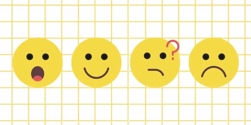 Emojis: shocked, smiling, confused, and sad