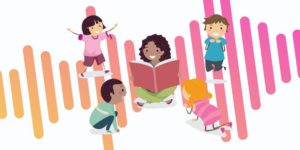 Illustration of children listening to a story with sound waves in the background