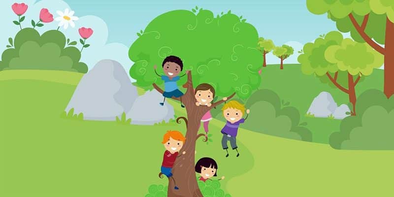 Cartoon kids playing in tree outside