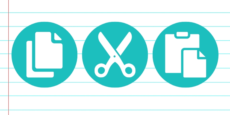 Three icons in a row: the copy icon with two pieces of paper one on top of the other, the paste icon with a pair of open scissors, and the paste icon with a piece of paper on top of a clipboard