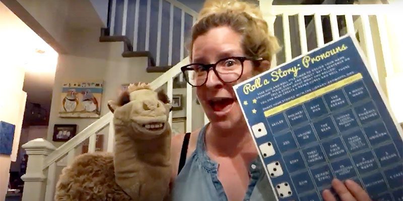 Miss Jenny and Ruthie the Camel playing Roll-A-Story Pronouns