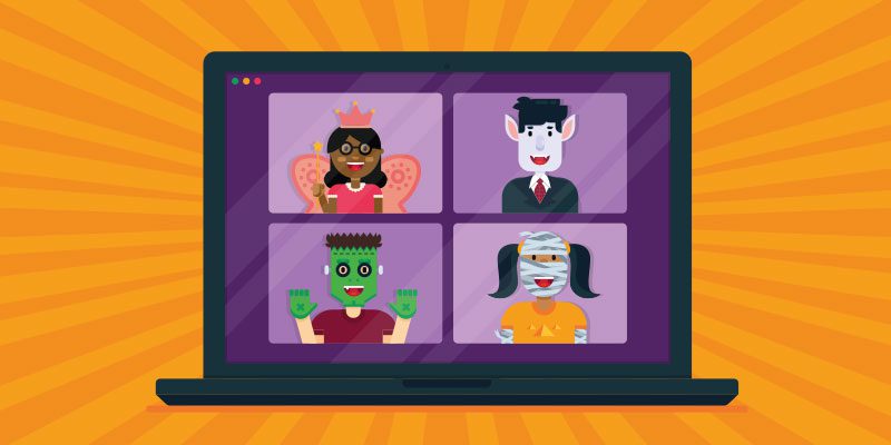 Cartoon kids in costumes on laptop screen