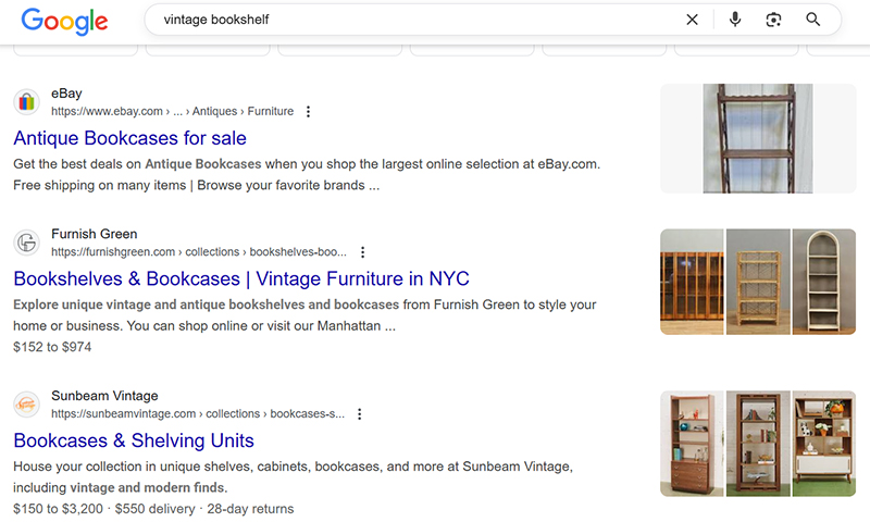 Screenshot of Google Search results showing listings for vintage bookshelves
