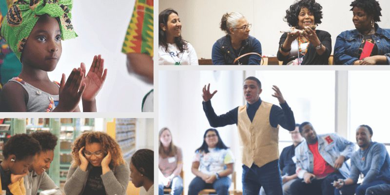 Photo collage showing child clapping, adults in peace circle, teens working together, and teen presenting at Restorative Justice Conference