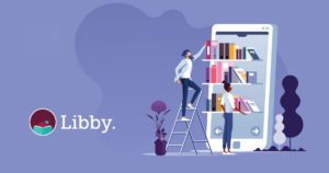 Libby promotional graphic featuring illustrated people browsing a bookshelf
