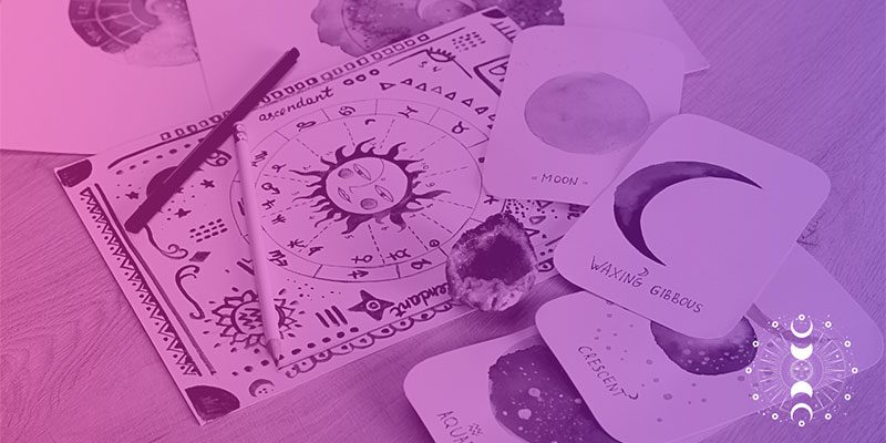 Birth chart with cards featuring different phases of the moon and zodiac signs