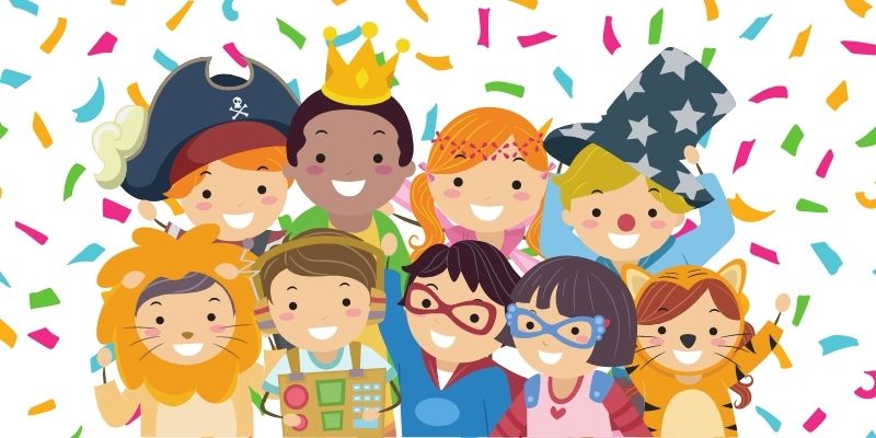 Cartoon children in different costumes with a confetti background