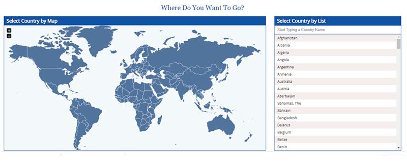 Screenshot of AtoZ World Culture with Where do you want to go, a world map, and a list of countries to choose from