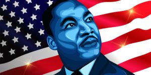 Artistic rendering of Martin Luther King Jr. with an American flag in the background