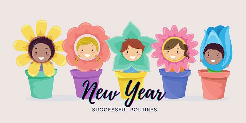 New Year: Successful Routines, with cartoon children's faces inside flowers in pots