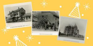 Historic photos of Oak Park decorated with birthday hats and starbursts