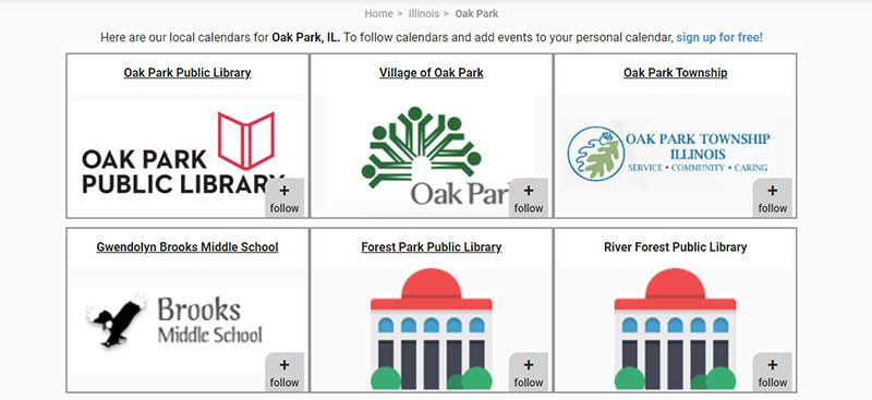 Screenshot of Burbio website showing the Oak Park Public Library, the Village of Oak Park, the Oak Park Township, Brooks Middle School, Forest Park Public Library, and River Forest Public Library