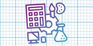 A grouping of icons: a calculator, gear, paintbrush and paint palette, beaker, computer, and tablet