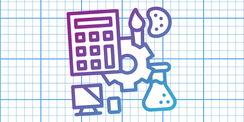 A grouping of icons: a calculator, gear, paintbrush and paint palette, beaker, computer, and tablet