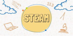 STEAM written inside a circle and surrounded by different line-drawn icons: a laptop, a pencil, a paint brush, the numbers 1, 2, and 3, a compass, a microscope, and clouds, all with a square grid background