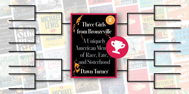 Trophy icon with book cover of Three Girls From Bronzeville by Dawn Turneri n the middle of a bracket with a collage of book covers in the background
