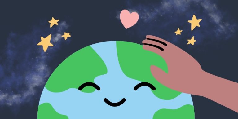 A cartoon-style illustration of the Earth with a smiling face as human hand pats it on the top.