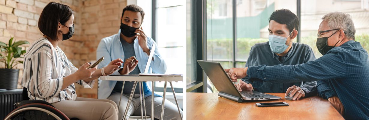 A collage of photos of people wearing masks and getting assistance with using digital devices