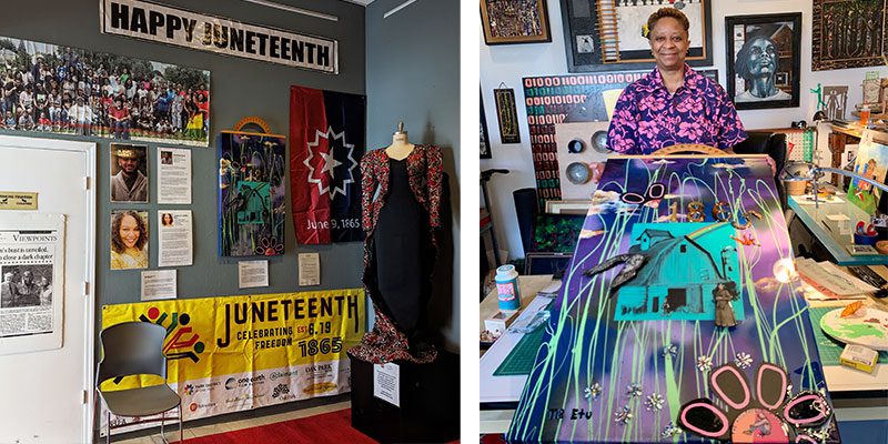 Juneteenth banners and photos in the Main Library Idea Box; artist Tia Etu in her studio with Juneteenth-inspired artwork "The Call"