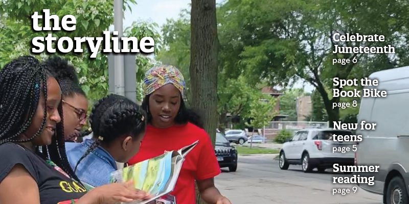 The Storyline magazine cover, with people looking at books outside