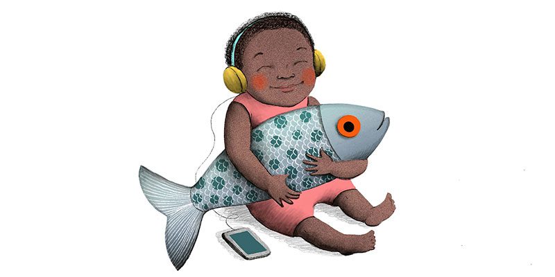 Illustration of a child listening to an audiobook while holding a large fish