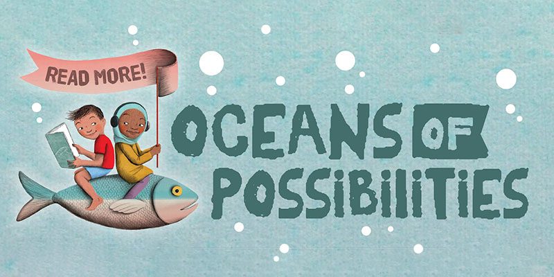 Oceans of Possibilities with two children reading and listening with headphones while riding a fish