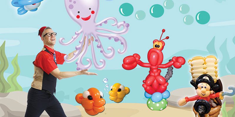 Smarty Pants Balloon show with underwater theme and blow-up fish, an octopus, and a pirate
