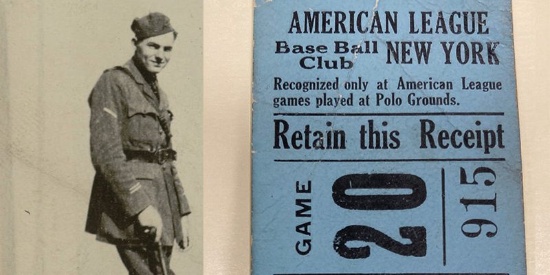Left: Ernest Hemingway at Lake Maggiore with Italian friends, 1918. Right: American League Baseball Club ticket stub. Both images from the Ernest Hemingway Foundation of Oak Park in cooperation with the Oak Park Public Library.