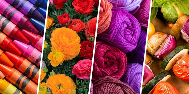 A collage of photos: A rainbow of crayons in a row, colorful flowers in a field, a stack of colorful yarn, and a row of veggie skewers