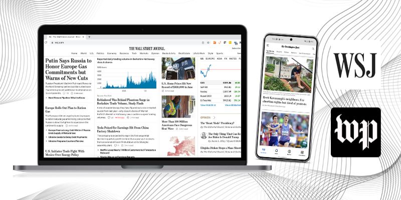 The Wall Street Journal website shown on a laptop screen and the Washington Post app screen shown on a smartphone with the logos for WSJ and WP