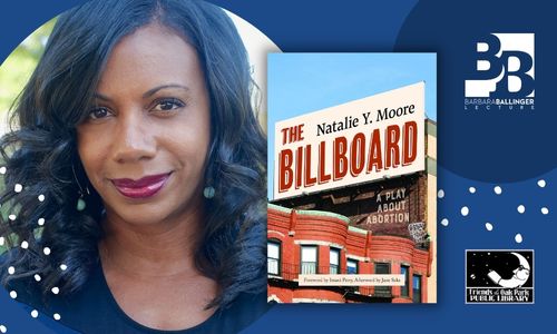 Headshot of Natalie Moore and book cover of "The Billboard"