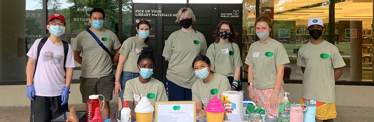 Leading Edge Teen Advisory Board members with Teen Services Librarian Alex (second from left) at their summer ice cream social in June 2021..