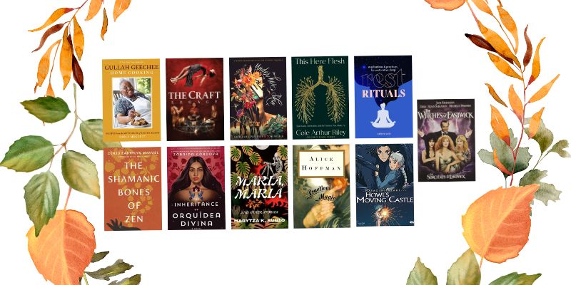A collage of book covers with an fall leaf border