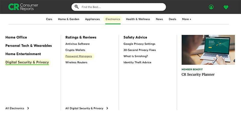 Screenshot of the Consumer Reports website navigation with Electronics, Digital Security & Privacy, and Password Manangers highlighted in yellow