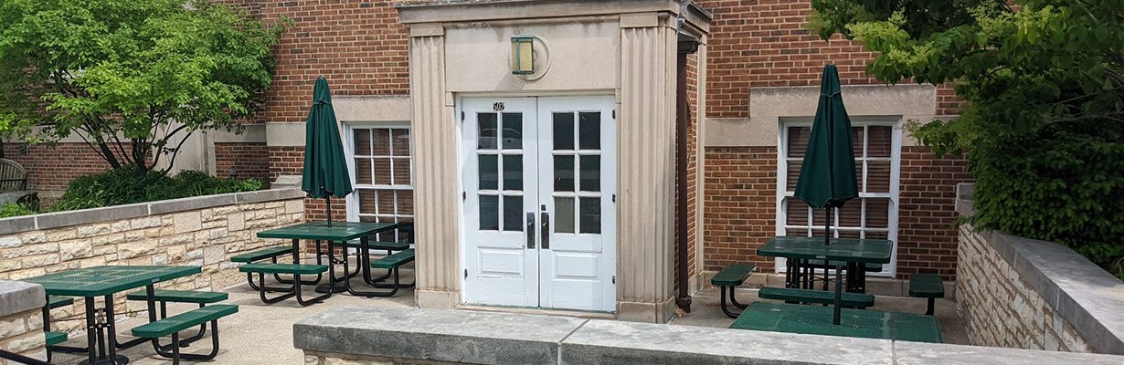 Outdoor tables at the Maze Branch Library