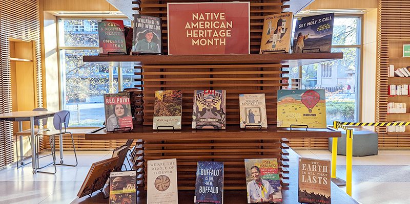 Native American Heritage Month display with books in the Main Library Lobby