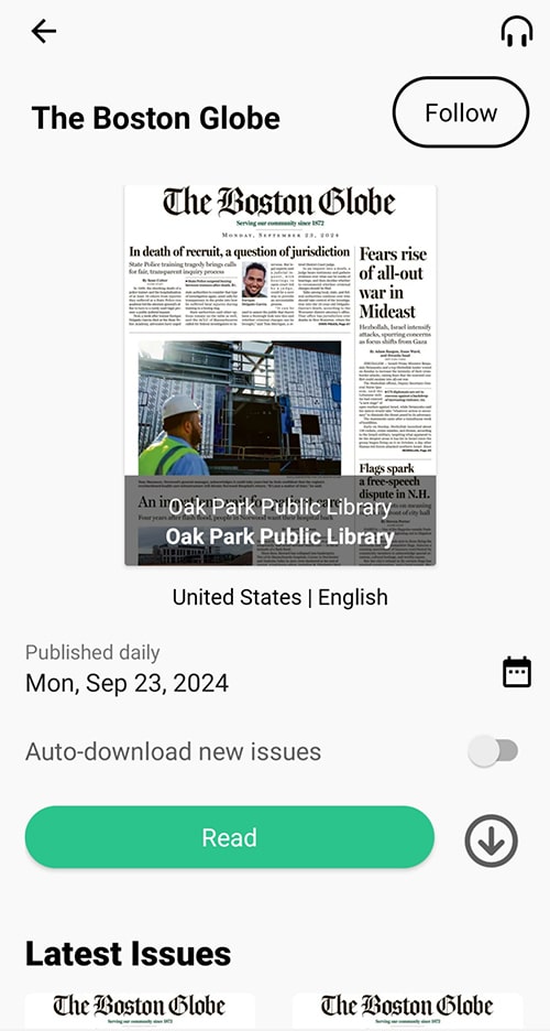 Screenshot of the PressReader app Boston Globe page with a photo of the front page of the paper, a button to follow, and a button to read