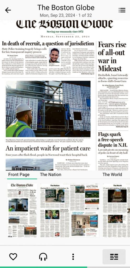 Screenshot of the PressReader app with an image of the front page of the Boston Globe