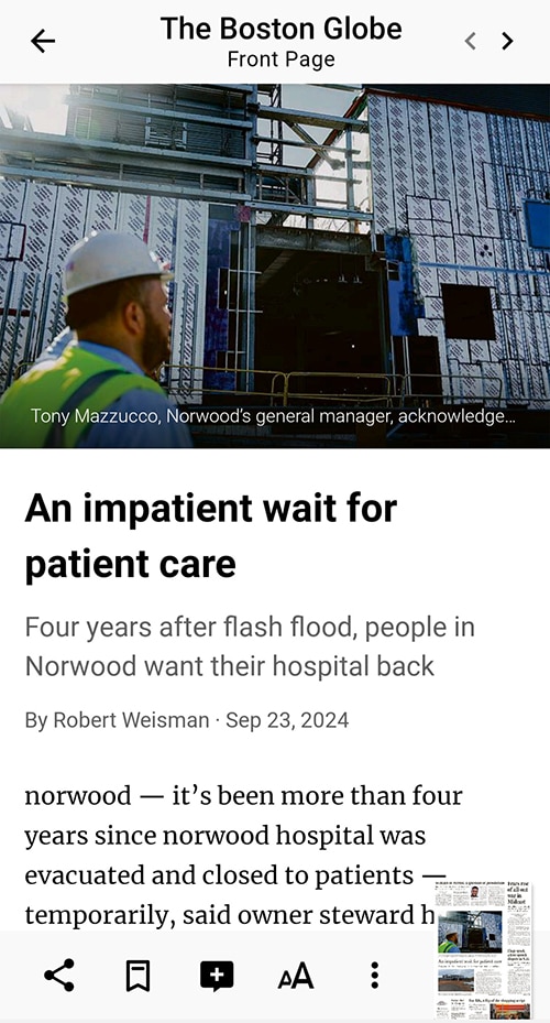 Screenshot of the PressReader app with a newspaper article displayed