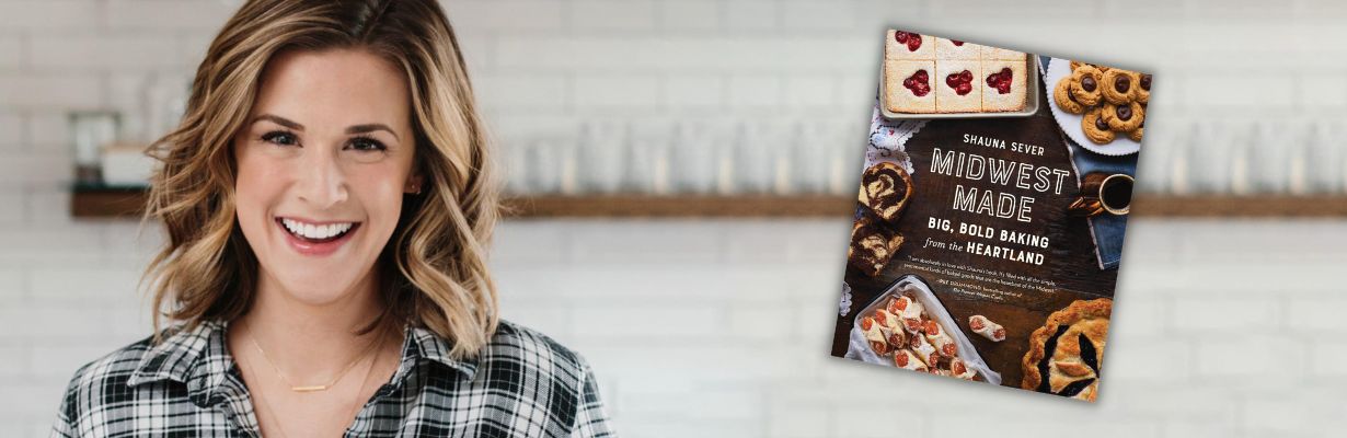 Shauna Sever with book cover of "Midwest Made"